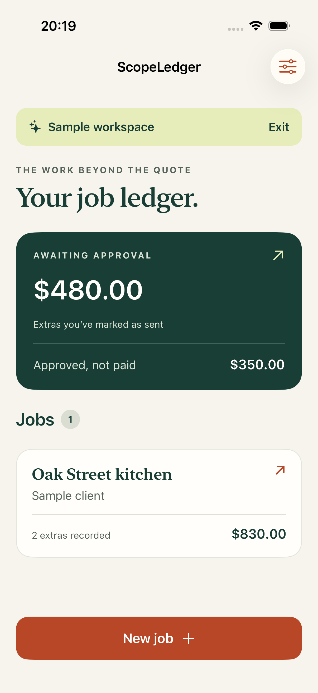 ScopeLedger job ledger with clearly labeled sample data