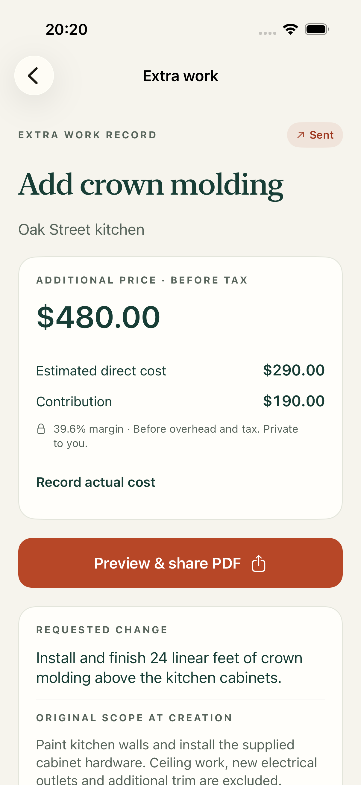 An extra-work record showing itemized price and private direct costs